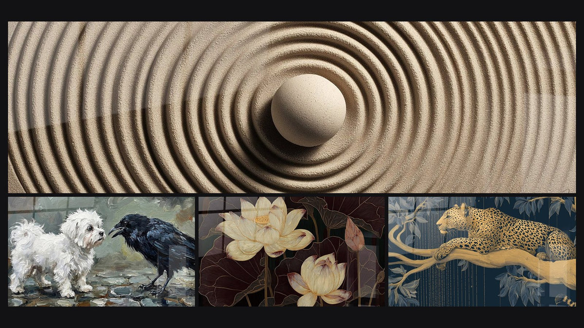 Mosaic of four paintings, including Maltese Bichon and Raven Face to Face and Lotus Flowers