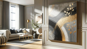 Tableau abstrait graphite avec touches dorées dans un intérieur Airbnb contemporain chaleureux et sophistiqué