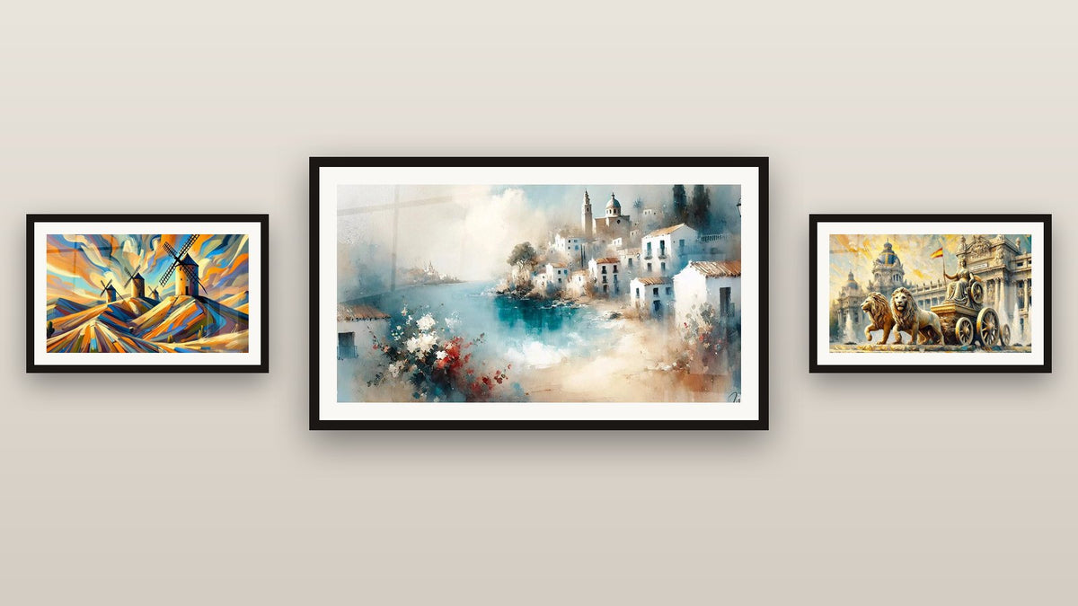 Mur de galerie avec trois tableaux encadrés : Madrid N°1, Espagnol N°4 et Espagne N°2