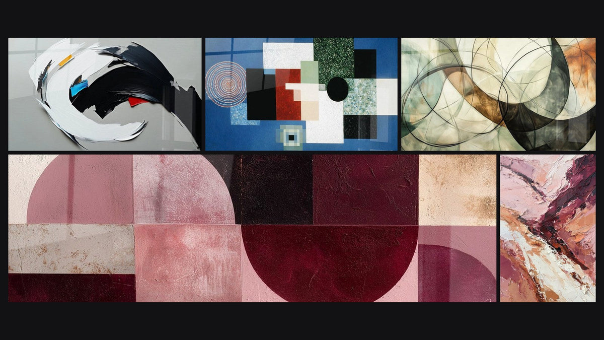Mosaïque de cinq tableaux, dont Abstrait dynamique, Composition Géométrique Ordre Rationnel et Les Liens Invisibles