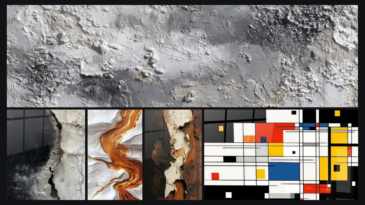 Mosaïque de cinq tableaux, dont Composition géométrique colorée
