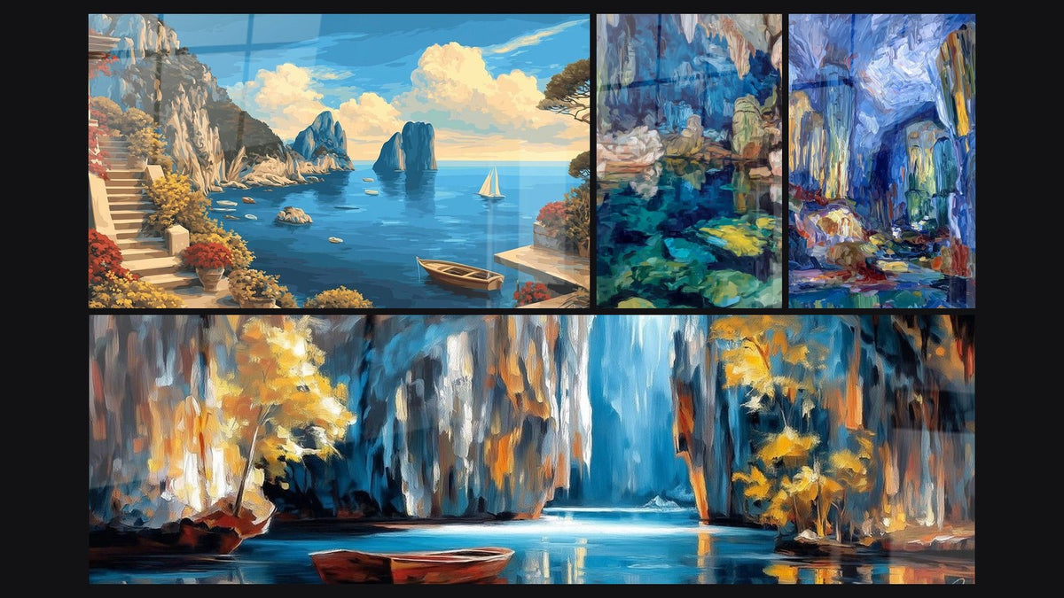 Mosaïque de quatre tableaux, dont Paysage Côtier Méditerranéen et Grotte Souterraine avec Lac Cristallin