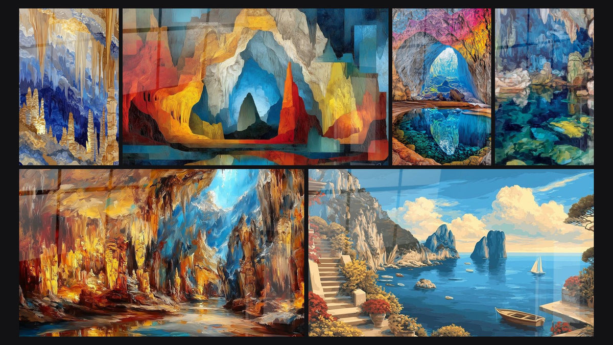 Mosaïque de six tableaux, dont Grotte avec Stalactites et Stalagmites, Grotte Illuminée et Grotte Naturelle Colorée