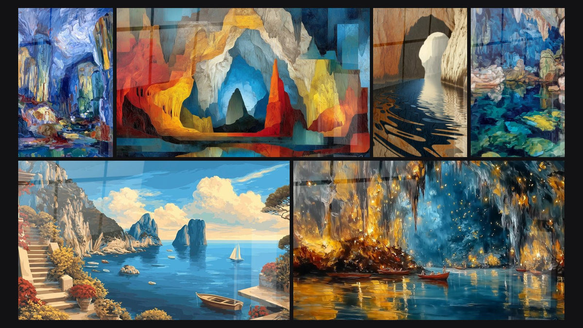 Mosaïque de six tableaux, dont Caverne Souterraine Illuminée, Grotte Illuminée et Grotte Marine avec Reflets Dorés