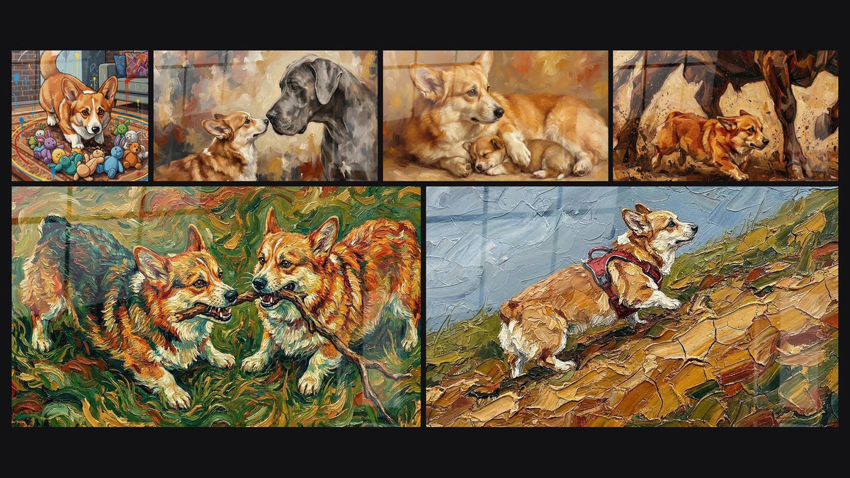 Mosaïque de six tableaux, dont Corgi Roux Jouant avec Peluches Colorées et Deux Corgis Oranges dans Style Van Gogh