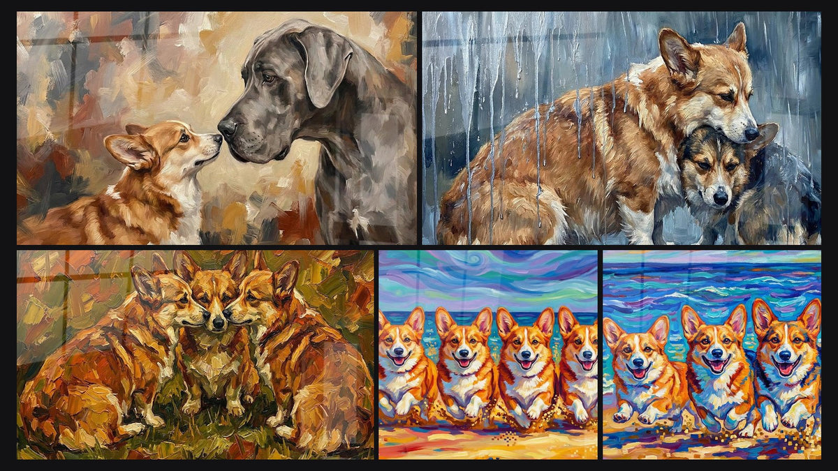 Mosaik aus fünf Gemälden, darunter Trio Sitzender Corgis in Herbsttönen und Vier Corgis Rennen am Strand