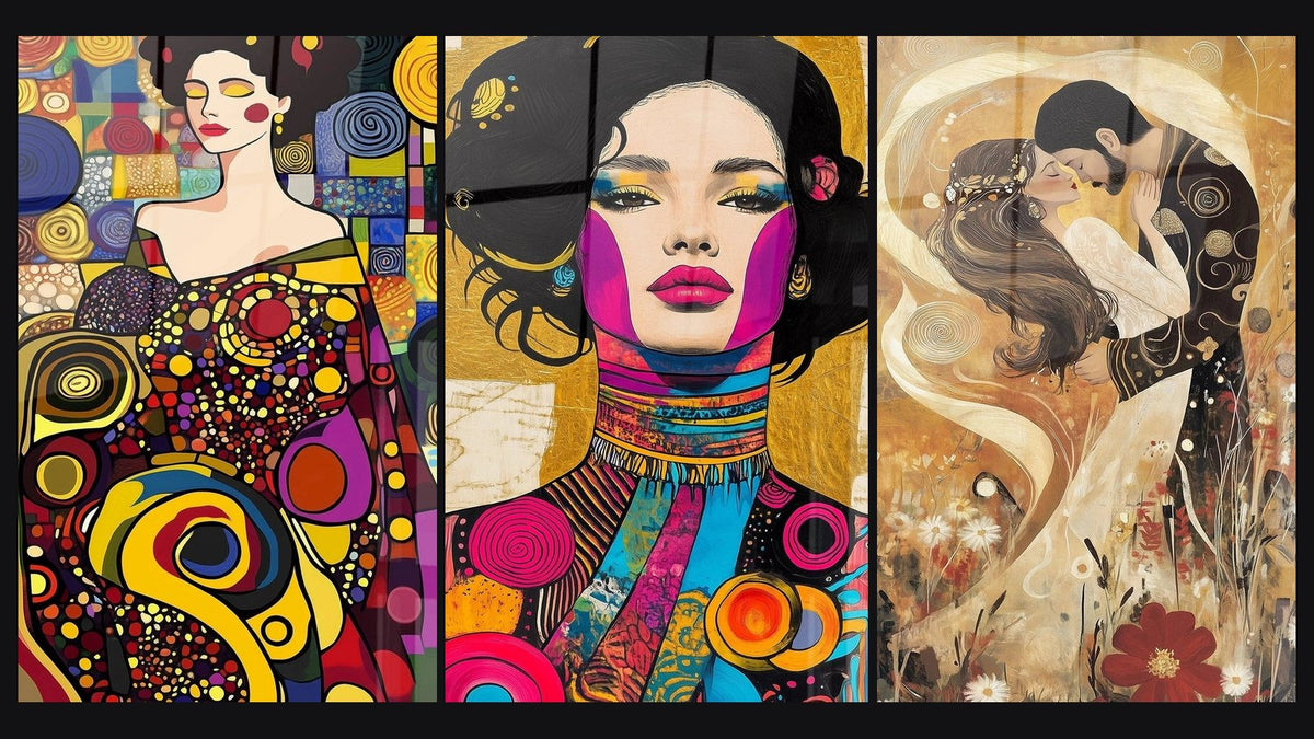 Mosaico de tres cuadros, entre ellos Inspirado en El Beso de Gustav Klimt N°2
