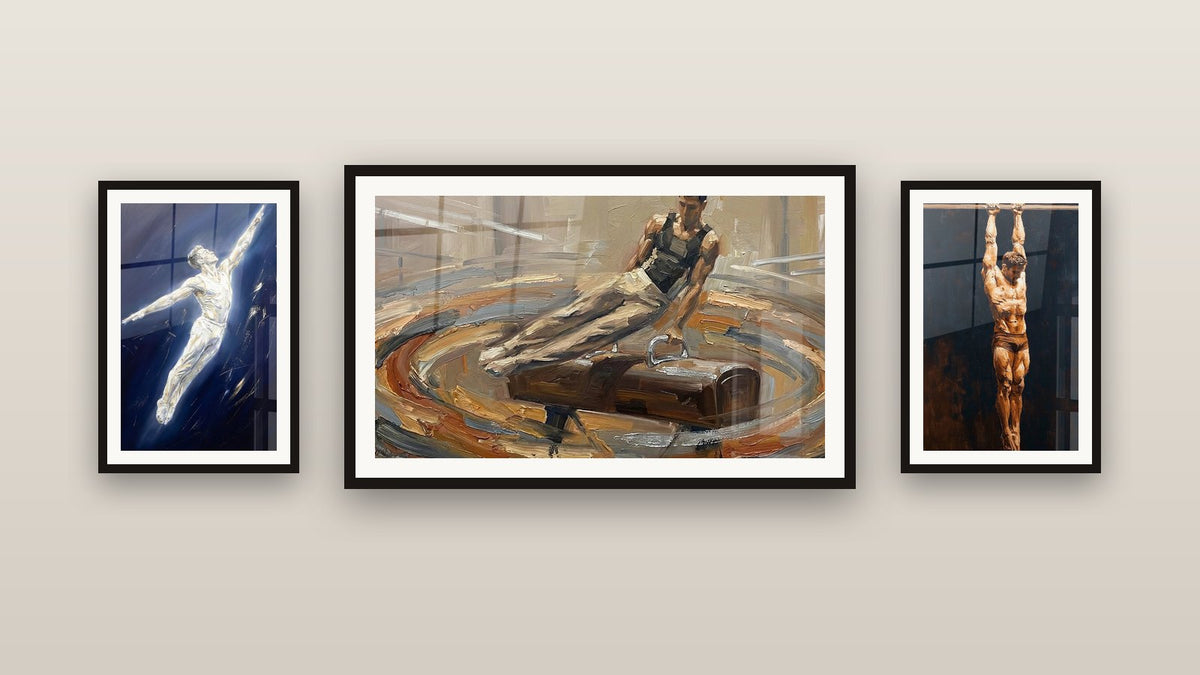 Gallery wall with three framed paintings: Gymnast Pull-ups, Gymnast in Flight and Gymnast on Rings