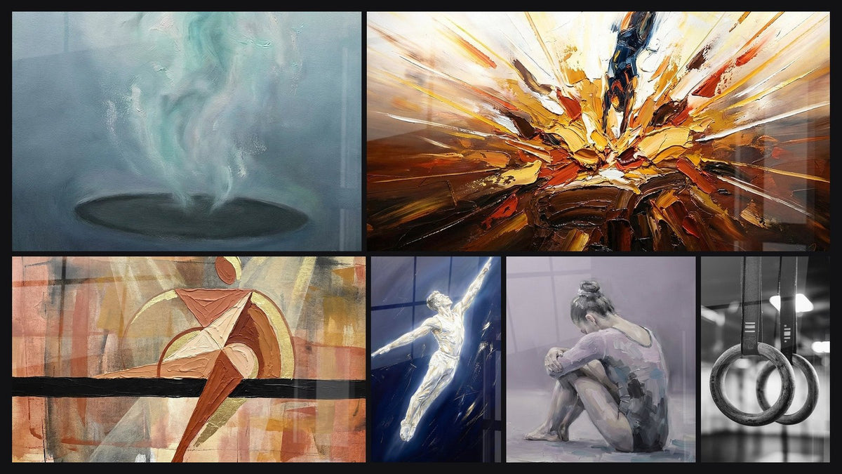 Mosaik aus sechs Gemälden, darunter Ätherische Gymnastikfigur, Abstrakte Gymnastik und Kunstexplosion-Bild