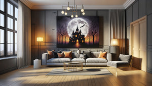 Grand tableau Halloween 150x100cm accroché dans salon contemporain avec espaces latéraux dégagés et recul optimal
