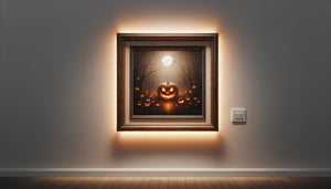 Tableau Halloween avec système de rétroéclairage muséal professionnel créant une présentation de galerie contemporaine
