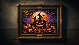 Tableau Halloween vintage années 1950 aux couleurs vives protégé par verre anti-UV, style folk art américain rétro