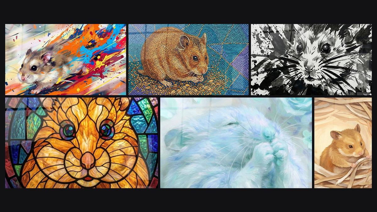 Mosaic of six paintings, including Pastel Blue and Turquoise Hamster