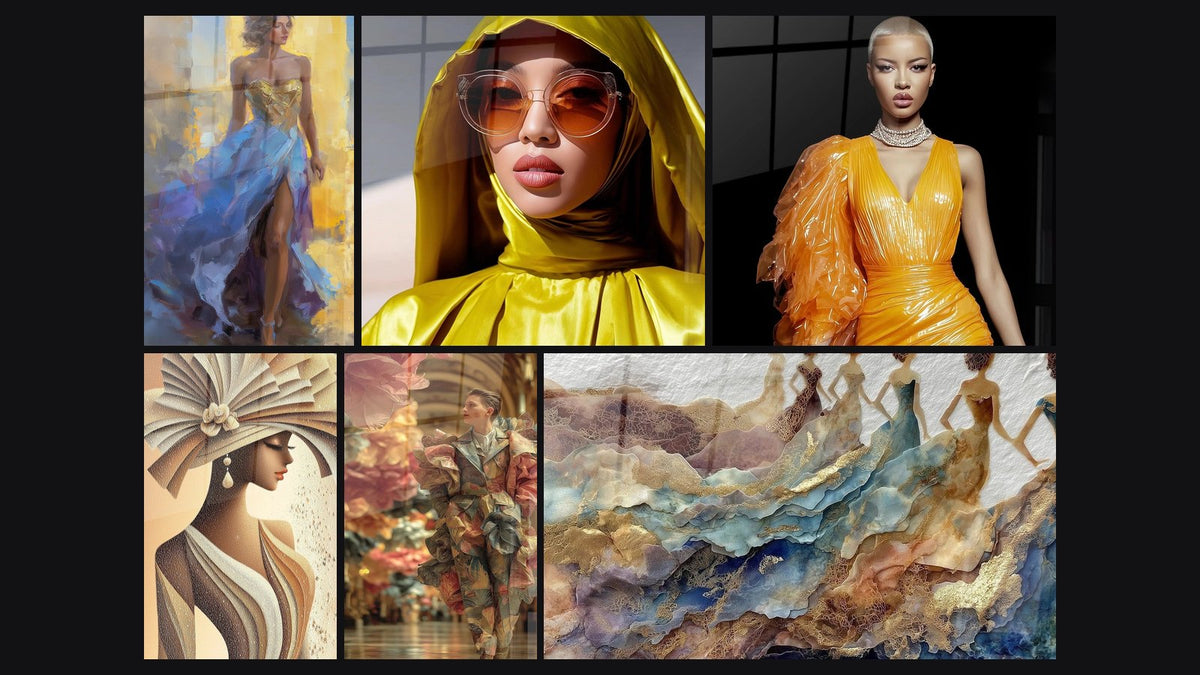 Mosaïque de six tableaux, dont Grâce Féminine, Mode et Femme Mode