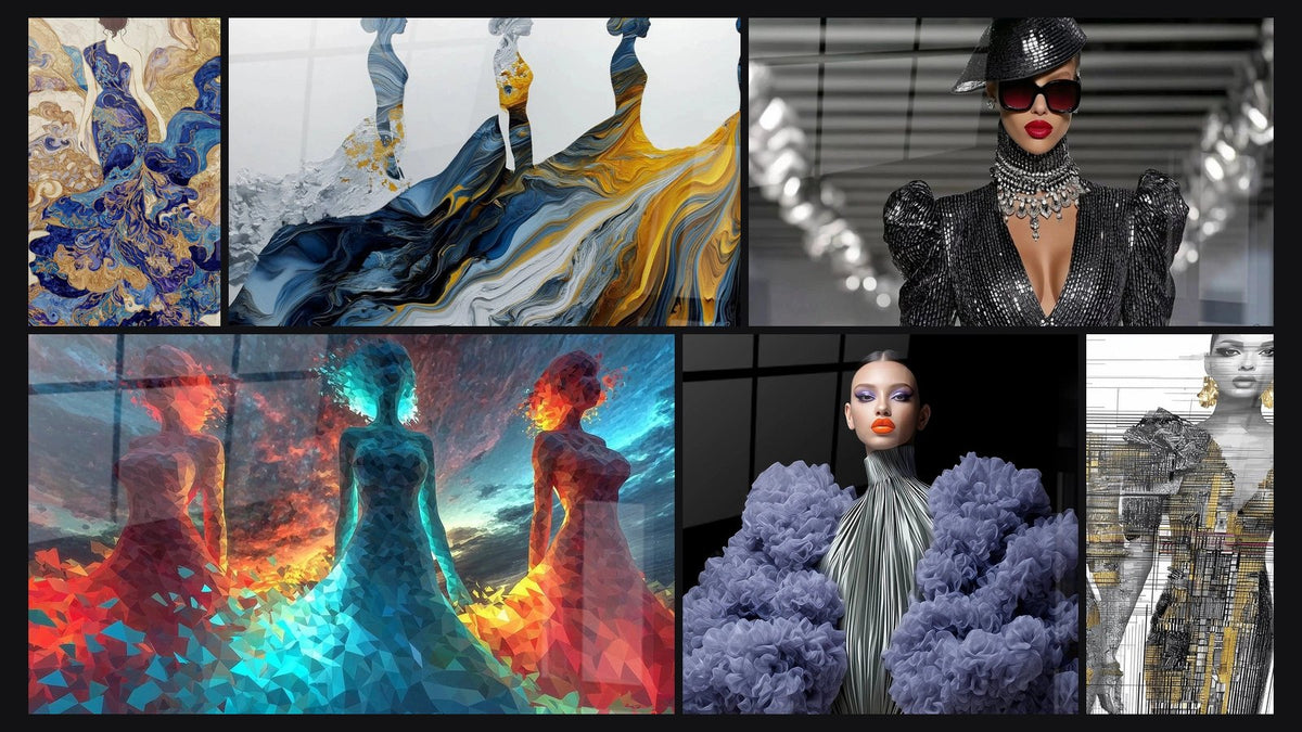 Mosaik aus sechs Gemälden, darunter Dame von Hinten und Futuristische Mode