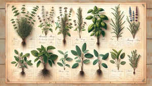 Planche botanique vintage d'herbes aromatiques style herbier scientifique, basilic thym romarin, illustration éducative décorative