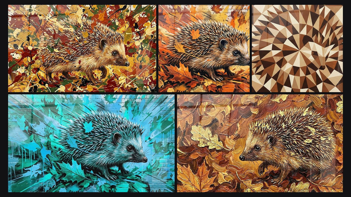 Mosaïque de cinq tableaux, dont Hérisson Facetté Origami Tons Chauds