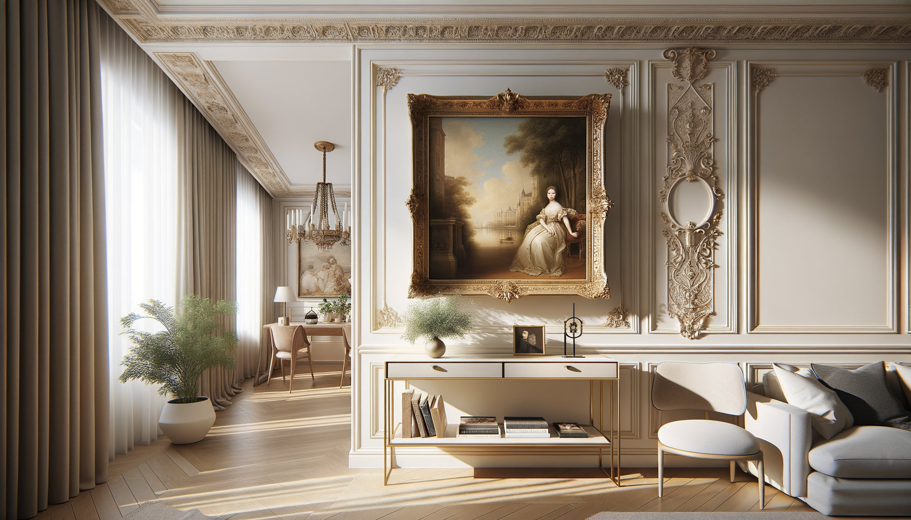 Tableau ancien encadré doré accroché dans appartement contemporain aux murs blancs avec mobilier moderne