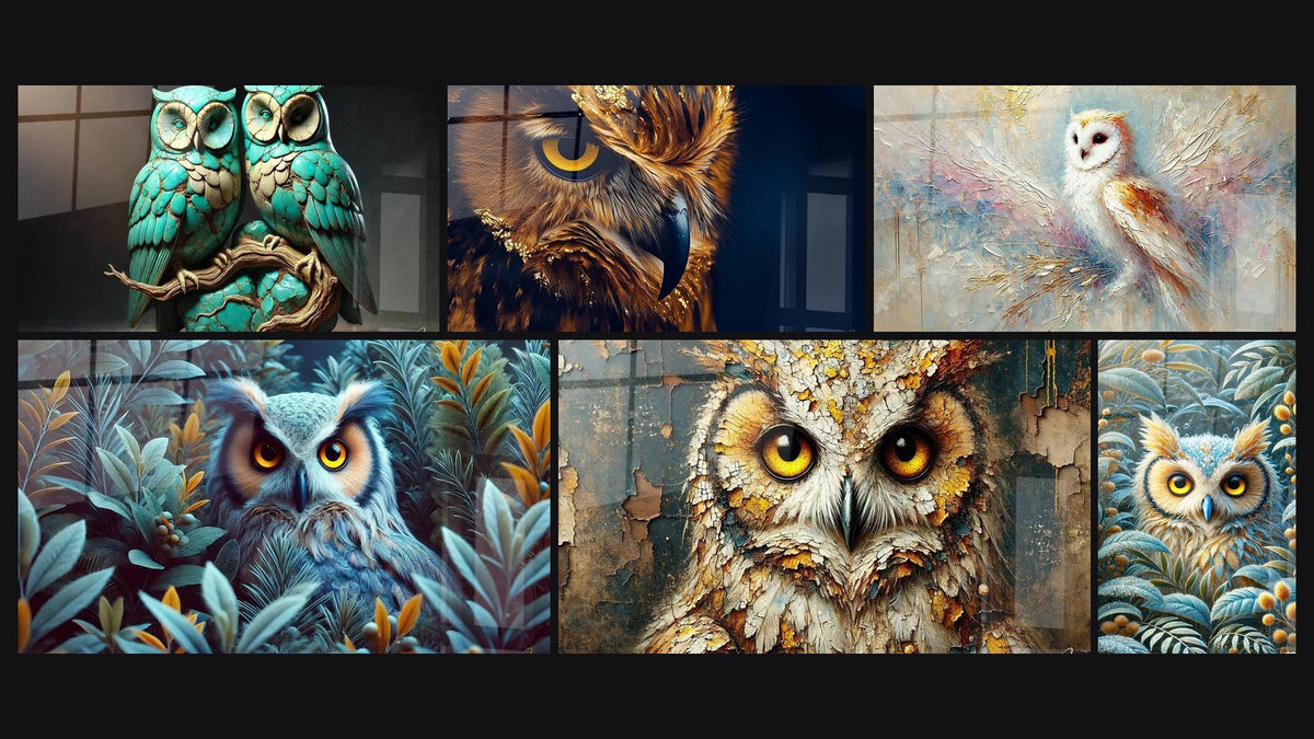 Mosaico de seis cuadros, entre ellos El alma de la Madera, Búho Maestro del Crepúsculo y Guardián Nocturno