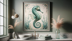 Tableau encadré d'hippocampe style naturaliste fantastique dans salle de bain contemporaine aux tons aquatiques apaisants