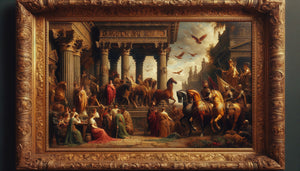 Détail d'un tableau historique authentique du XIXe siècle avec cadre doré, peinture à l'huile en bon état de conservation