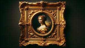 Détail de tableau ancien dans cadre baroque doré d'époque avec ornements sculptés et patine authentique