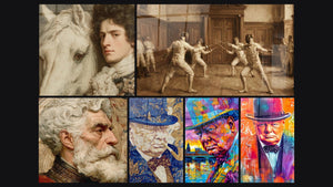 Mosaic of six paintings, including Nobleman on White Horse Majesty, Classic Fencing and Master Timeless Portrait