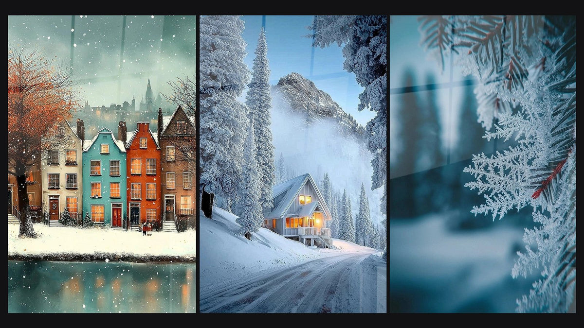 Mosaico di tre quadri: Case Finestre Raggiante, Chalet luminoso e rassicurante e Rami di albero ghiacciati Brina mattutina