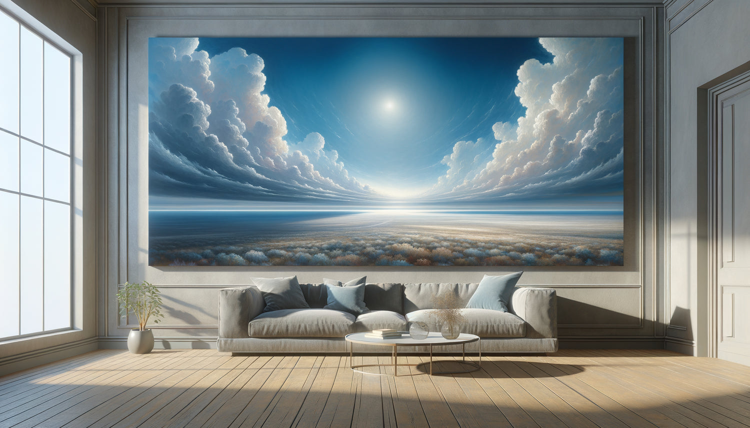 Grand tableau d'horizon ouvert et ciel expansif créant une profondeur illusoire dans un intérieur contemporain