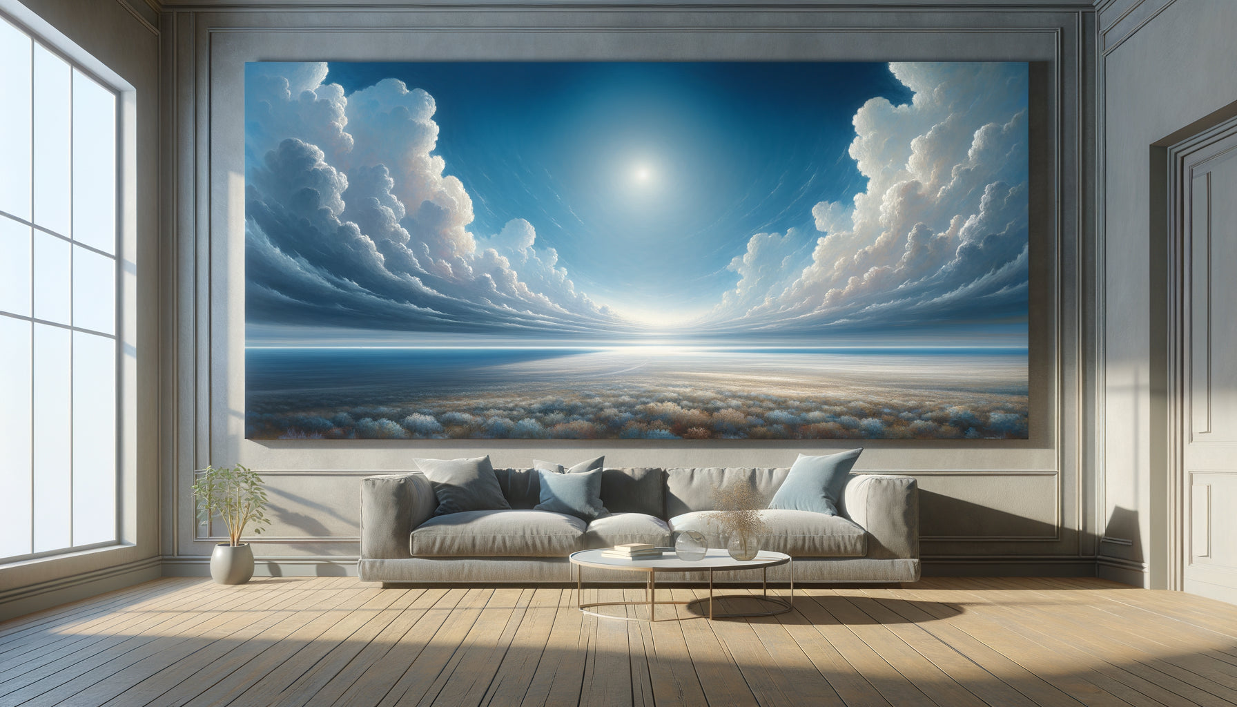 Grand tableau d'horizon ouvert et ciel expansif créant une profondeur illusoire dans un intérieur contemporain