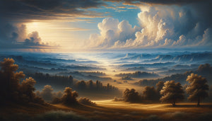 Peinture de paysage à l'huile montrant un horizon lointain infini, créant une profondeur atmosphérique et perspective stratégique