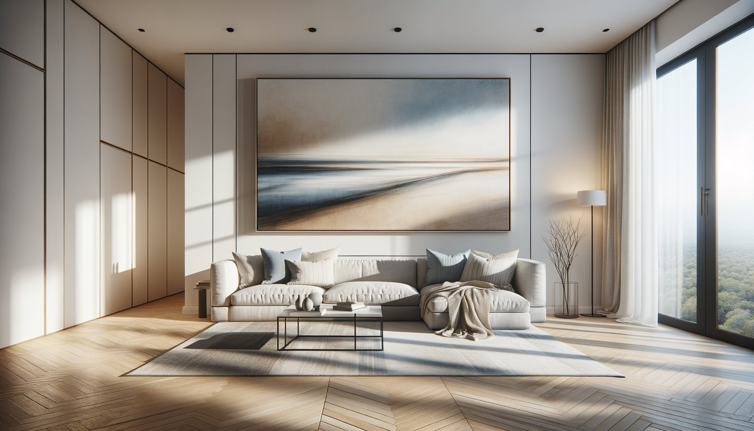 Salon contemporain avec grand tableau horizontal au-dessus du canapé créant une illusion d'espace et d'élargissement visuel