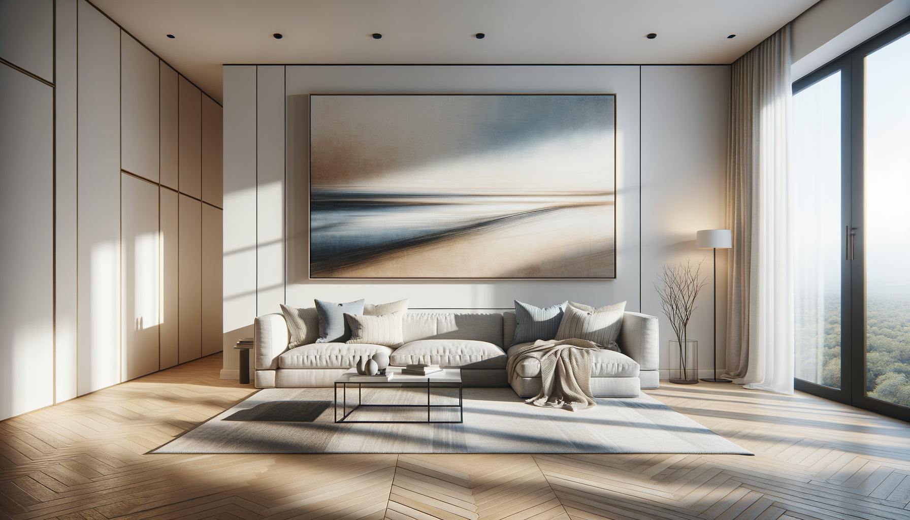 Salon contemporain avec grand tableau horizontal au-dessus du canapé créant une illusion d'espace et d'élargissement visuel