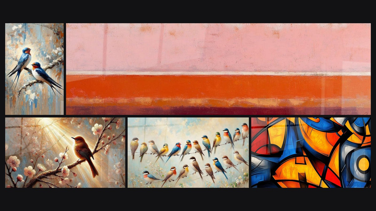 Mosaico de cinco cuadros, entre ellos Momento Suspendido y Abstracto horizontal rosa coral y burdeos