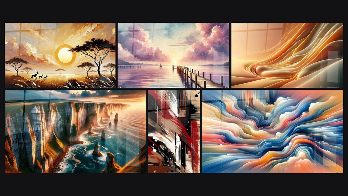 Mosaik aus sechs Gemälden, darunter Zum Horizont, Harmonie der visuellen Wellen und Wellenformen