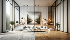 Comparaison visuelle d'un tableau horizontal et vertical sur un même mur moderne pour illustrer le choix d'orientation