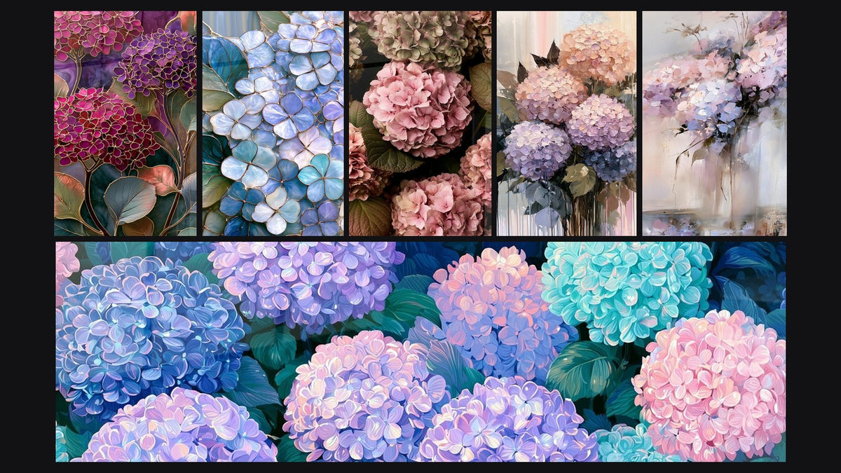 Mosaico di sei quadri, tra cui Ortensie rosa e viola con contorni dorati e Ortensia blu e viola in stile vetrata