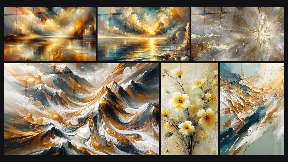Mosaïque de six tableaux, dont Cité des Reflets Dorés, Crêtes Dorées et Crépuscule Doré