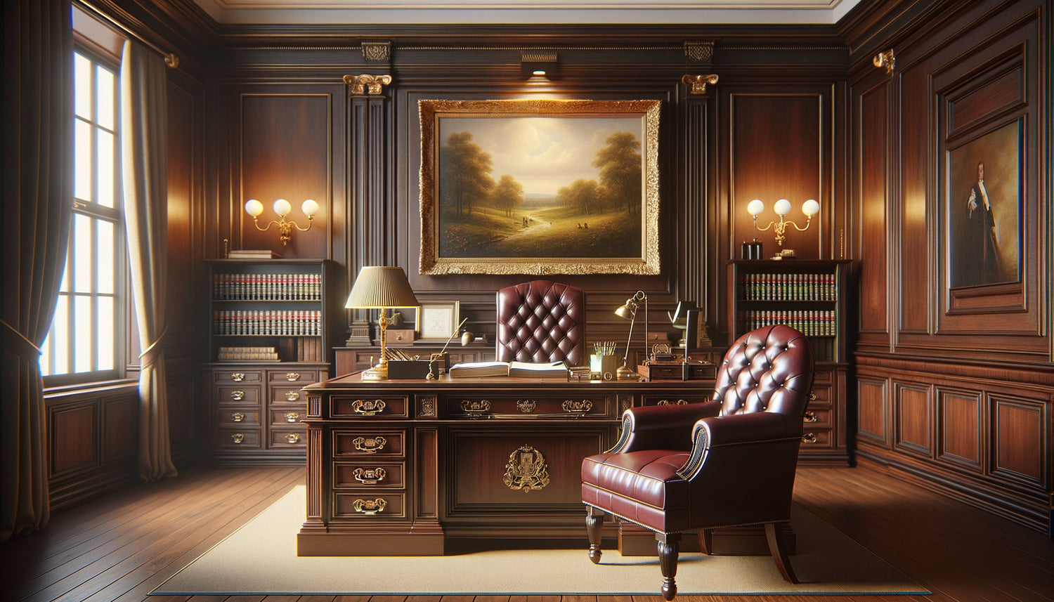 Intérieur de cabinet notarial avec boiseries sombres et tableau pastoral chaleureux encadré, créant une atmosphère professionnelle humanisée