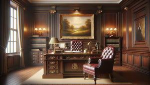 Intérieur de cabinet notarial avec boiseries sombres et tableau pastoral chaleureux encadré, créant une atmosphère professionnelle humanisée