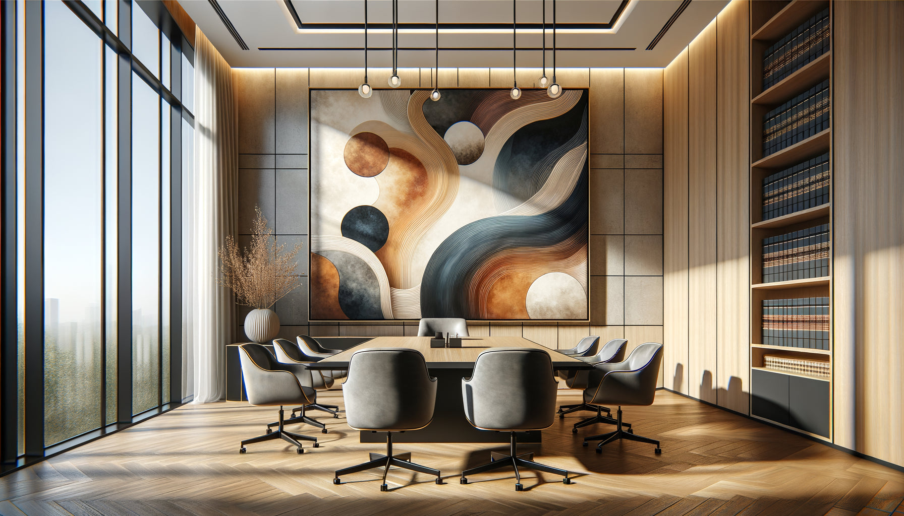 Tableau abstrait aux formes organiques et géométriques humanisant un cabinet d'avocats d'affaires moderne