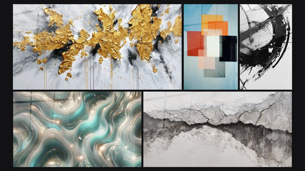 Mosaic of five paintings, including Geometric Shapes Functional Contrast, The Break in Time and Shimmering Waves