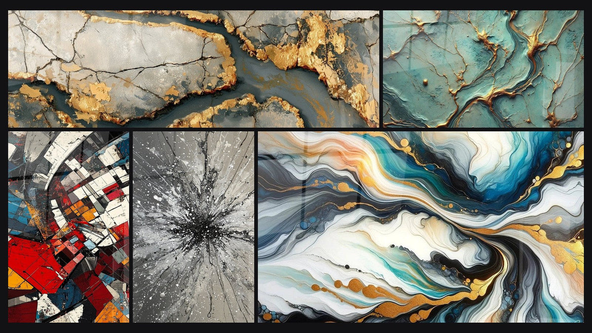 Mosaico di cinque quadri, tra cui Marmo dorato con venature antracite, Rivoluzione Architettonica Moderna e Fiumi d'Oro