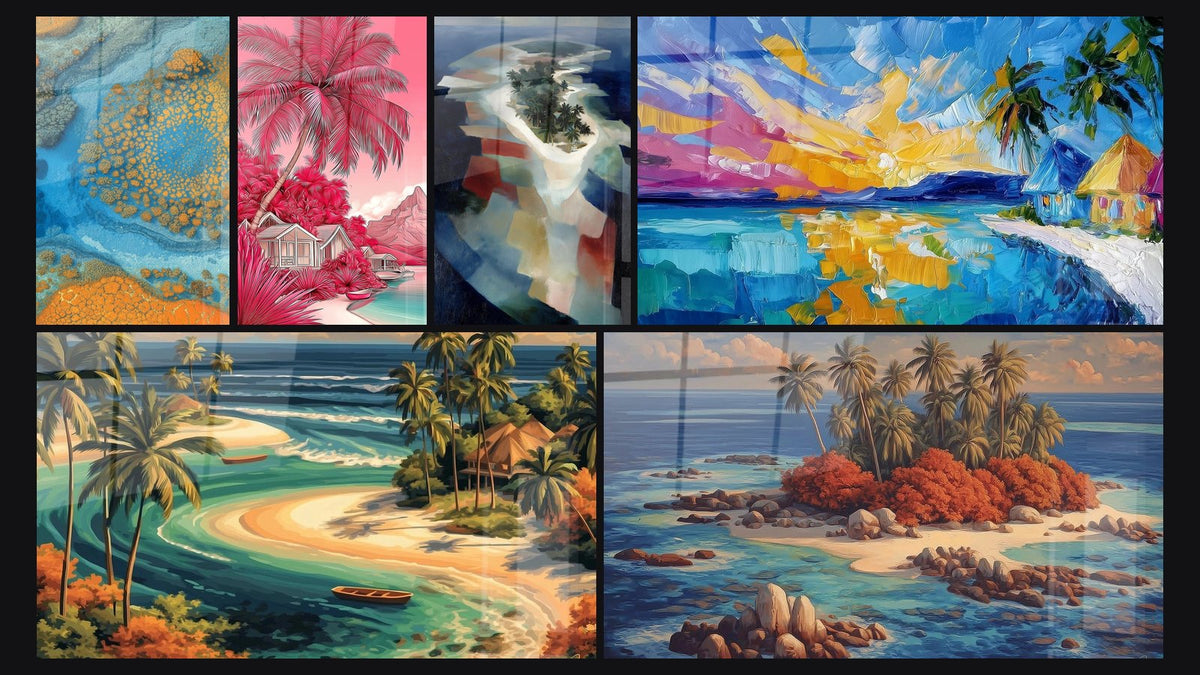Mosaïque de six tableaux, dont Atoll corallien, Paysage tropical et Île tropicale palmiers