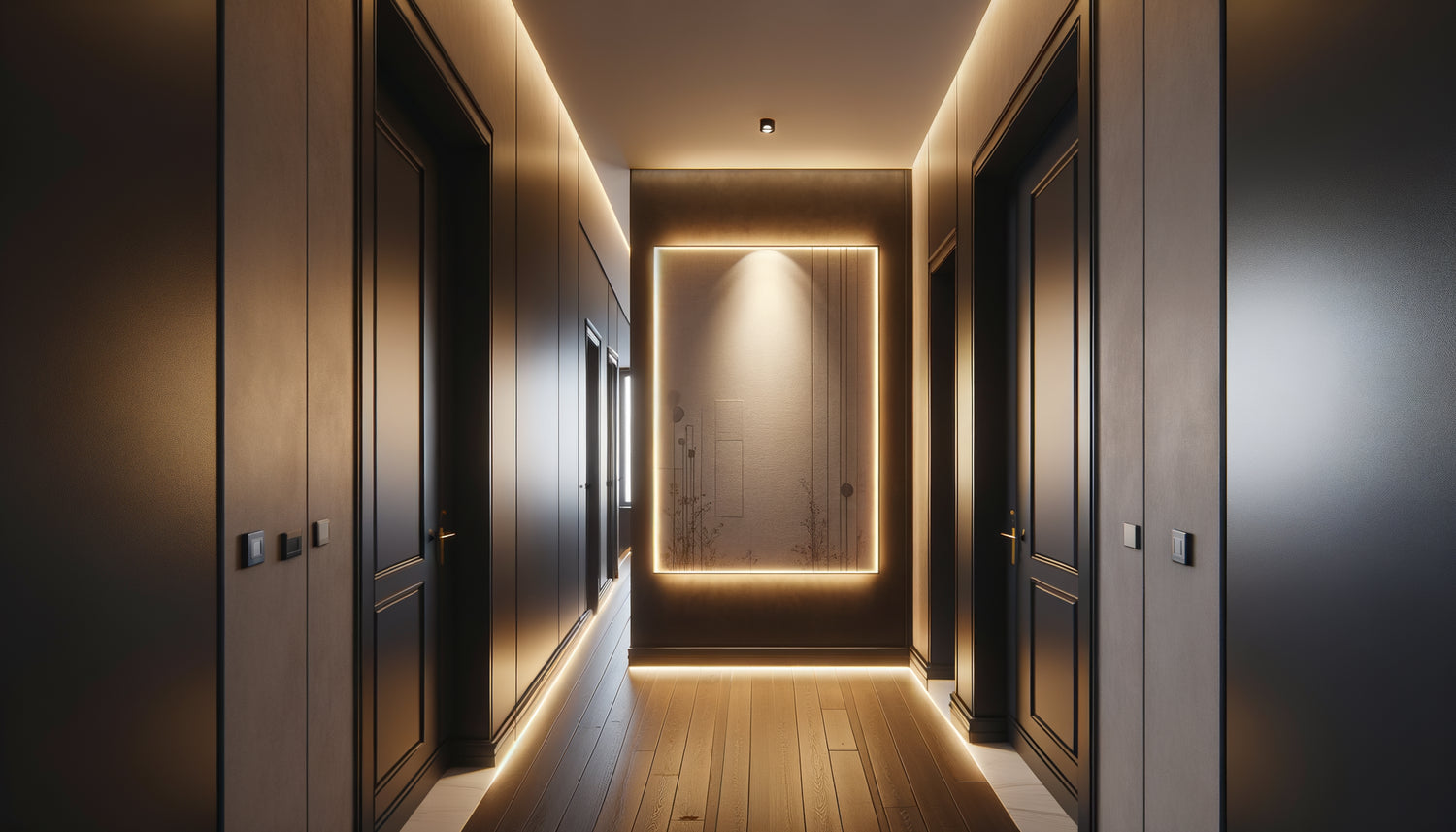 Couloir résidentiel sombre éclairé par un tableau lumineux intégré au mur diffusant une lumière douce et chaleureuse