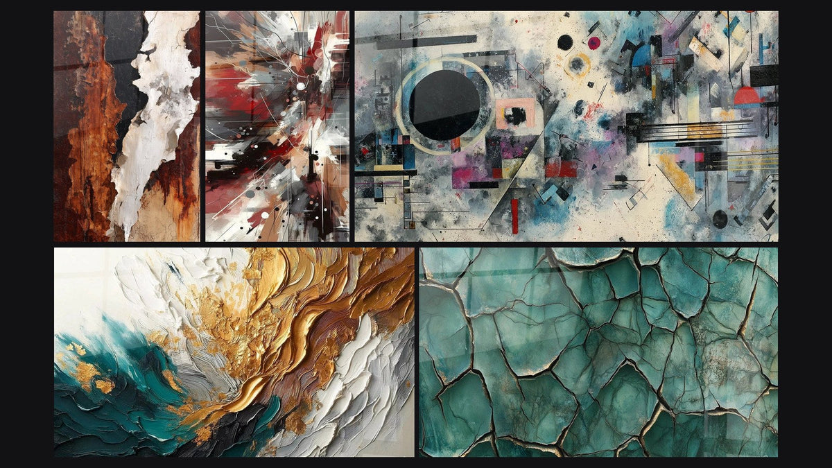 Mosaic of five paintings, including Trace Artwork in Gold and Jade and Dynamic Explosive Noise Abstract