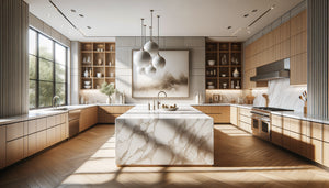 Cuisine moderne avec îlot central et tableau aux proportions idéales suivant la règle des deux tiers