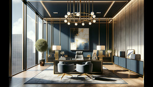 Bureau professionnel élégant avec tableau abstrait contemporain choisi stratégiquement pour renforcer l'image de marque du cabinet