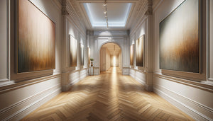 Grand tableau contemporain accroché stratégiquement dans un couloir étroit avec éclairage professionnel créant profondeur et élégance