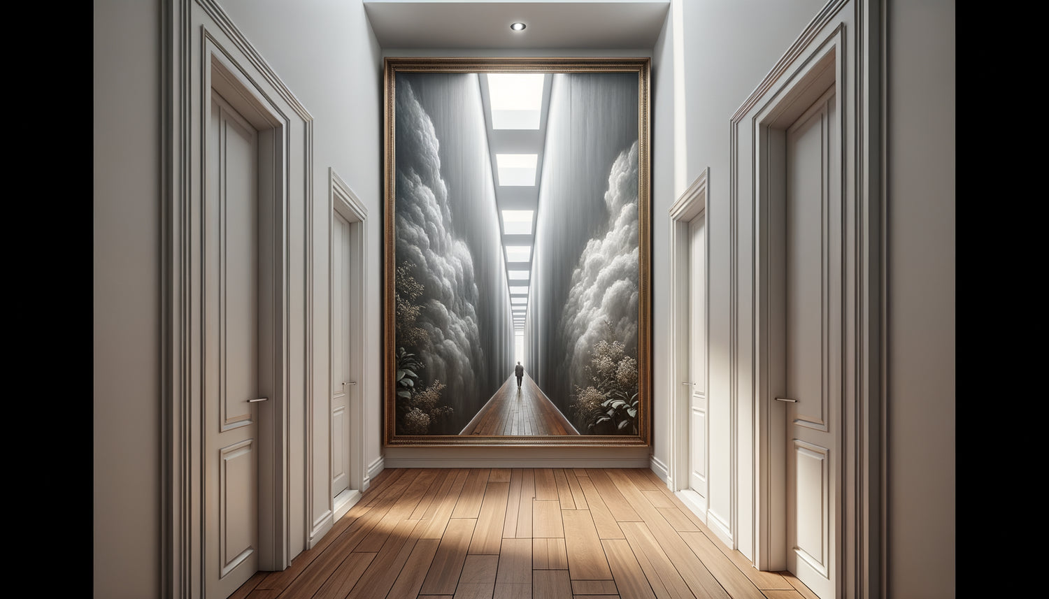 Couloir étroit moderne avec tableau surdimensionné créant un effet tunnel oppressant et rétrécissant visuellement l'espace